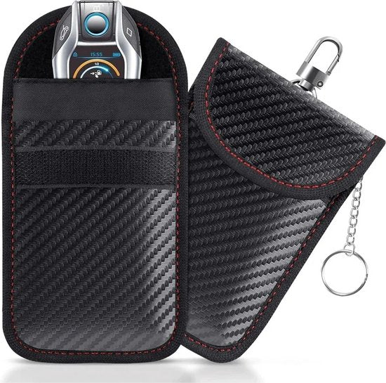 RFID Beschermhoes Autosleutel - Set van 2 Faraday Pouches - Anti-diefstal Autosleutel Blokkeringshoes - Dubbele Lagen Carbon - Ingebouwde Sleutelclips - Signaal Blokkerende Tas voor Autosleutels - 2 stuks