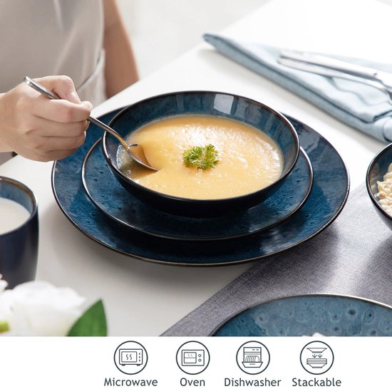 16-delige Serviesset – Keramisch Servies – Dinerborden, Dessertborden, Schalen & Koffiekopjes – Complete Tafelservies Set - Serviesset 4 Persoons - 16 stuks - Blauw