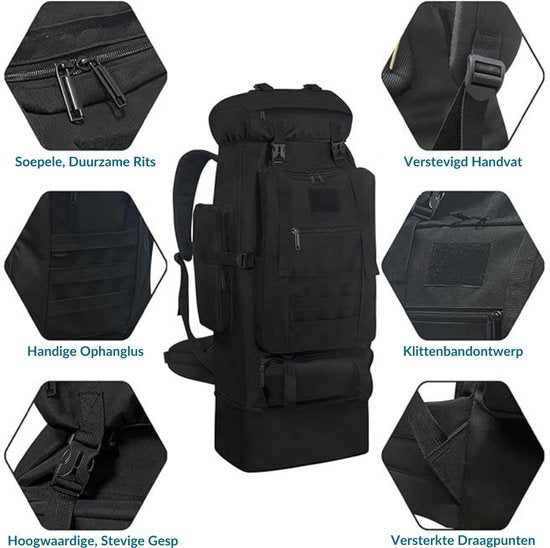 Survival Backpack - Verstelbare capaciteit: 70-100 Liter - Extra Grote Waterdichte Outdoor Rugtas voor Dames & Heren - Camping Rugzak met MOLLE-Systeem (Modulair Uitbreidbaar) - Militaire Trekking Backpack voor Wandelen, Hiking & Reizen - Zwart