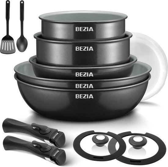 13-Delige Inductiekookgerei Set met Keramische Antiaanbaklaag - 5 Pannen Keramisch - Ovenbestendig - Kookgerei - Potten en Pannen met Afneembare Handgrepen