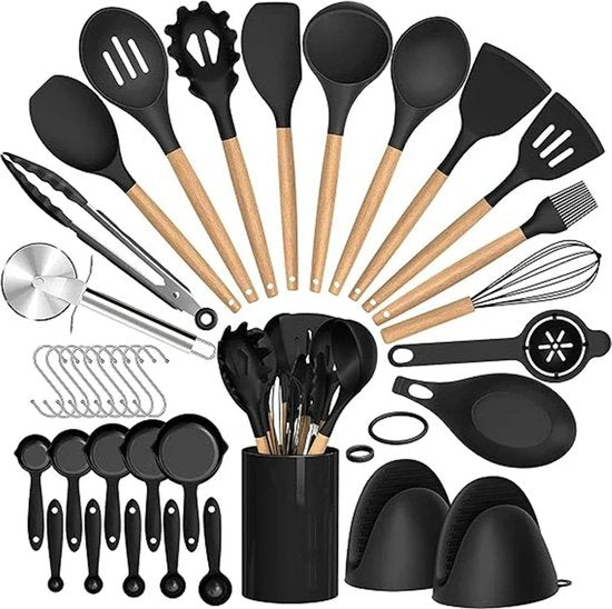 36-Delige Kookset Met Houder - Kookgerei - BBQ - Gourmet - Complete Keukengerei Set: Pasta Lepel, Spatel, Soeplepel, Turner, Keukentang Pizzasnijder, Kwastje en Garde
