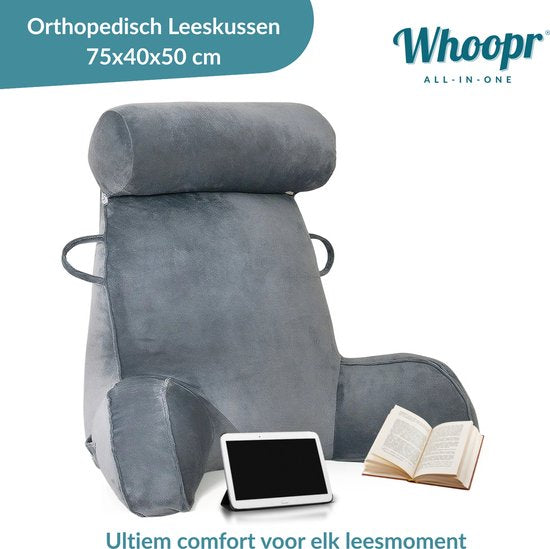 Leeskussen met Afneembare Nekrol – Comfortabel Rugkussen met Rugleuning – Onderrug Ondersteuning voor Bed & Bank – 75x40x50 cm – Ideaal om te Lezen, Relaxen & TV-kijken - Grijs