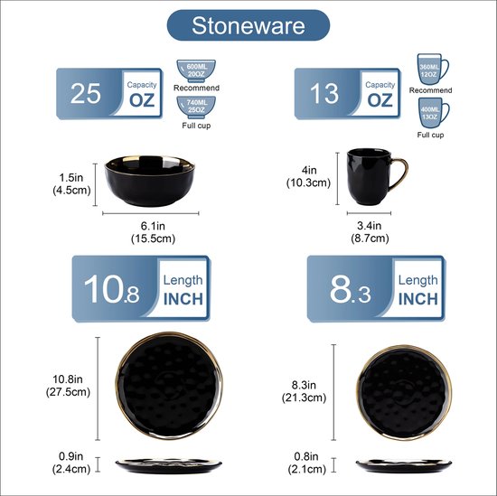 Luxueuze Porseleinen Serviesset - Servies 32 delig - Serviesgoed 32 stuks - Bordenset 8 persoons - Borden, Kopjes, Mokken en Kommen - Zwart met Gouden Versiering