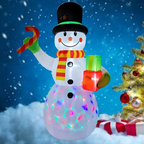 Opblaasbare Kerst Sneeuwpop met Geschenken en Snoep - Ingebouwde LED-verlichting - Roterende Verlichting - Opblaasbaar Figuur - Decoratief Christmas Model voor Binnen en Buiten - Kerstdecoratie - Kerstmis - 2,1 m Hoog