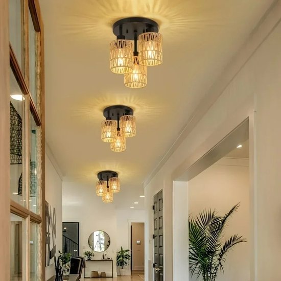 3-Lichts Rotan Plafondlamp – Handgeweven Rieten Lampenkap – Moderne Stijl – Boho - E27 Fitting – Lamp Voor Eetkamer, Keuken, Woonkamer & Slaapkamer – 3-Delige Hanglamp