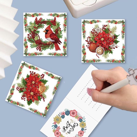 6-delige DIY Diamond Painting Kerstkaarten – Wenskaarten met Enveloppen – Kerstster en Krans Design Kerst – Diamant Knutselpakket – Complete Set – Creatief Kerstcadeau – 6 Stuks