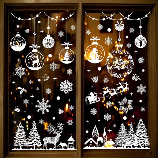 Kerst Raamstickers – 163 Stuks Zelfklevende Sneeuwvlokken – Witte Kerstdecoratie – Herbruikbare Statische Raamdecoratie – Kerstmis, Rendieren en Kerstballen Decoratie - Kerstversiering voor Ramen & Deuren
