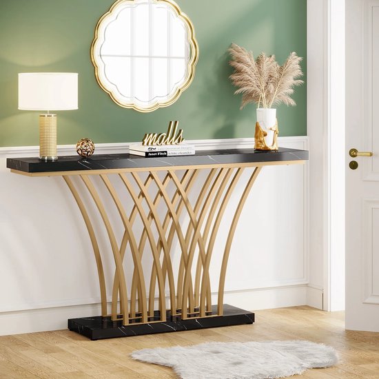 Eleganza Maison® Grid Console Table - Moderne Gouden Consoletafel - Haltafel - Wandtafel met Rastervormig Metalen Onderstel - Ideaal voor Ingang, Gang en Entree - Zwart - Goud - Marmer - 150 x 80 x 30 cm (B x H x D)