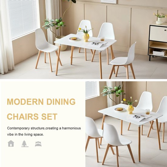 Rechthoekige Eettafelset – Inclusief 4 Eetkamerstoelen – Scandinavische Stijl – Houten Poten – Tafel en Stoelen Voor Woonkamer, Eetkamer & Keuken – Wit