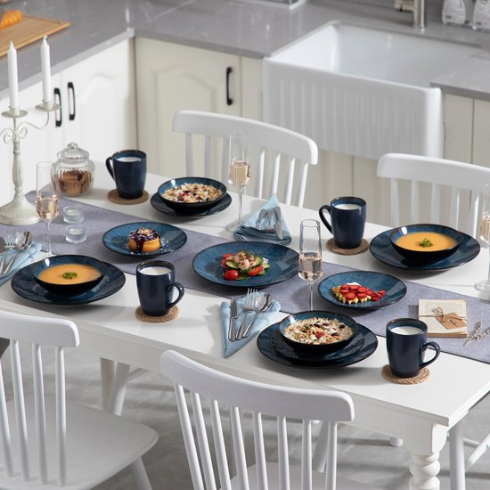 16-delige Serviesset – Keramisch Servies – Dinerborden, Dessertborden, Schalen & Koffiekopjes – Complete Tafelservies Set - Serviesset 4 Persoons - 16 stuks - Blauw