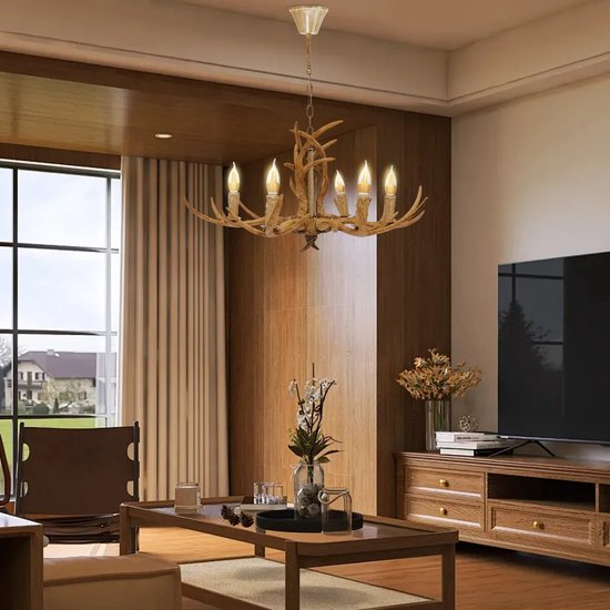 Vintage Herten Gewei Kroonluchter – Decoratie Lamp – Scandinavische Hanglamp – Plafondmontage – 6-Lichts Plafondlamp – 40 x 75 x 100 cm