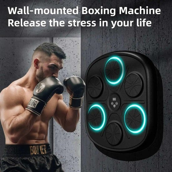 Smart Boxing machine - Boksmachine met Bluetooth & RGB-verlichting – Muurmontage Boks Trainer met Muziekfunctie – Inclusief Handschoenen voor Volwassenen & Kinderen – Boxmachine Voor Thuis - 8 x 42 x 45 cm