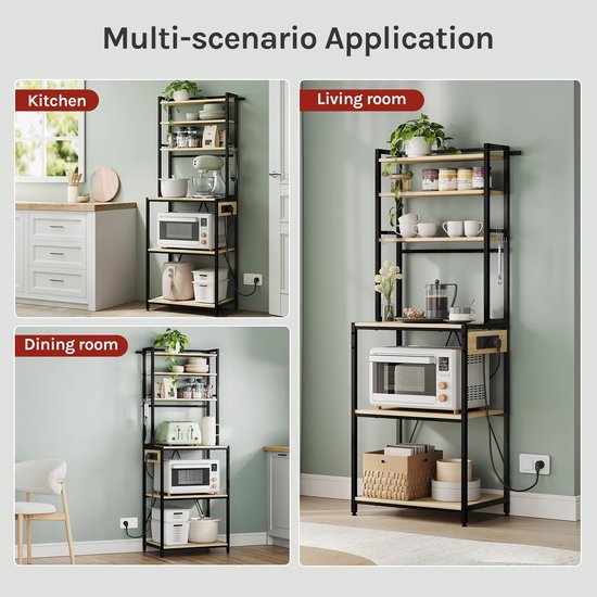 Keukenrek met Stopcontact – Stellingkast - Bakkerskast – 6 Lagen Staand Rek - Opbergrek Keuken – Hout & Metaal – 60x40x167 cm - Bruin