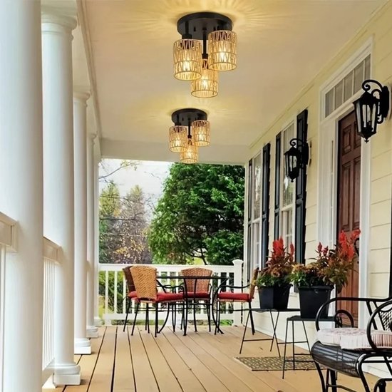 3-Lichts Rotan Plafondlamp – Handgeweven Rieten Lampenkap – Moderne Stijl – Boho - E27 Fitting – Lamp Voor Eetkamer, Keuken, Woonkamer & Slaapkamer – 3-Delige Hanglamp