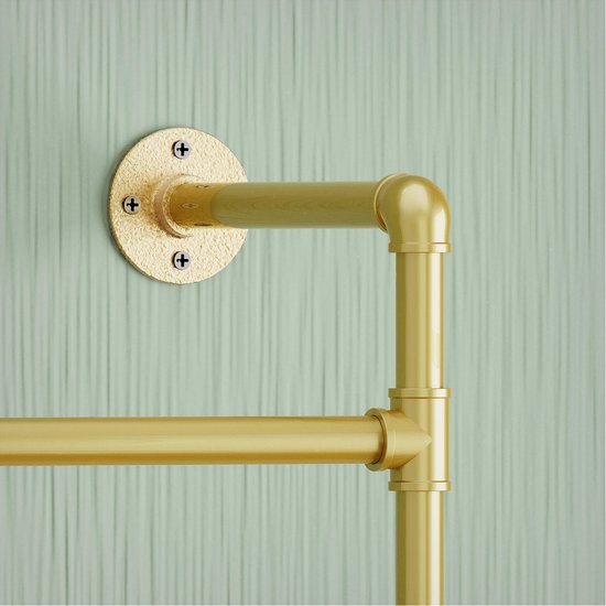 Industriële Pijp Kledingrek met Houten Legplanken – Rek - Vintage Wandrek met Pijpleiding - Gouden Afwerking - 178 cm Hoog