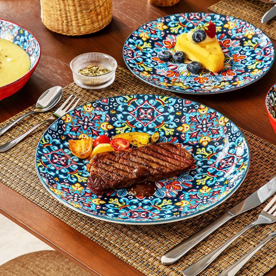 24-Delige Boheemse Stijl Keramische Serviesset - Serviesset 6 persoons - Hoogwaardig Steengoed Servies met Dinerborden, Dessertborden, Soepkommen en Ontbijt/Pasta Schalen