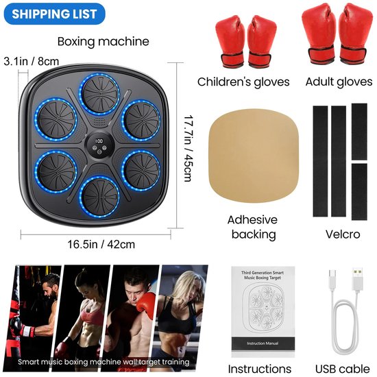 Smart Boxing machine - Boksmachine met Bluetooth & RGB-verlichting – Muurmontage Boks Trainer met Muziekfunctie – Inclusief Handschoenen voor Volwassenen & Kinderen – Boxmachine Voor Thuis - 8 x 42 x 45 cm