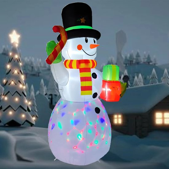 Opblaasbare Kerst Sneeuwpop met Geschenken en Snoep - Ingebouwde LED-verlichting - Roterende Verlichting - Opblaasbaar Figuur - Decoratief Christmas Model voor Binnen en Buiten - Kerstdecoratie - Kerstmis - 2,1 m Hoog