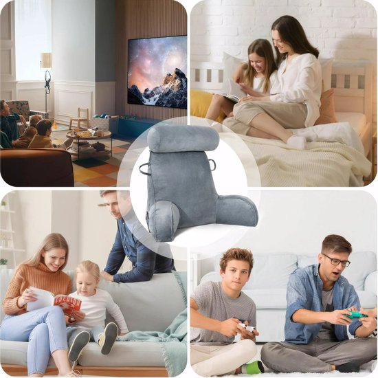 Leeskussen met Afneembare Nekrol – Comfortabel Rugkussen met Rugleuning – Onderrug Ondersteuning voor Bed & Bank – 75x40x50 cm – Ideaal om te Lezen, Relaxen & TV-kijken - Grijs