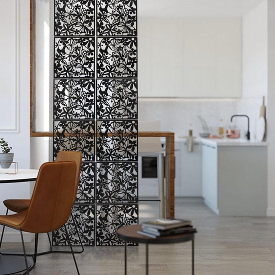 24-delig Kamerscherm - Bloemen Patroon - Scheidingswand - Ruimteverdeler - Wandpanelen - Decoratie - Room Divider Screen - Woonkamer - Stevig & Flexibel - Duurzaam Kunststof - 24 stuks - Makkelijk Te Monteren - 40x40 cm per paneel - Dikte: 0.1 cm