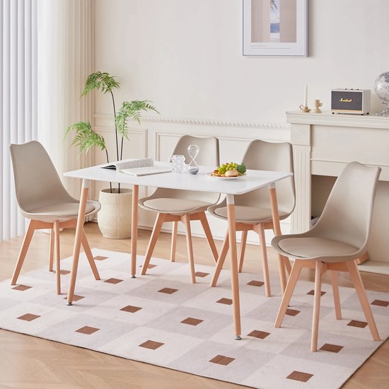 Set van 6 Eetkamerstoelen – Gestoffeerde Stoelen met Beukenhouten Poten – Stijlvolle Bureaustoelen voor Eetkamer, Slaapkamer, Balkon of Restaurant - Khaki