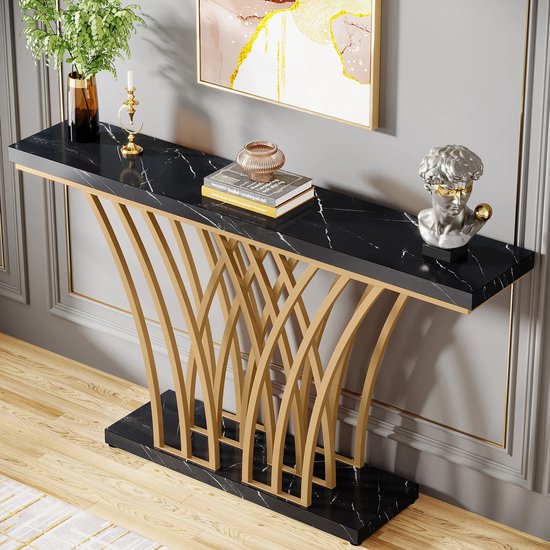 Eleganza Maison® Grid Console Table - Moderne Gouden Consoletafel - Haltafel - Wandtafel met Rastervormig Metalen Onderstel - Ideaal voor Ingang, Gang en Entree - Zwart - Goud - Marmer - 150 x 80 x 30 cm (B x H x D)