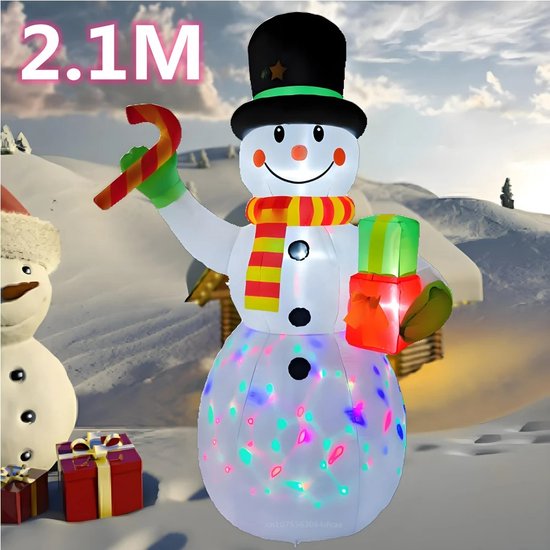Opblaasbare Kerst Sneeuwpop met Geschenken en Snoep - Ingebouwde LED-verlichting - Roterende Verlichting - Opblaasbaar Figuur - Decoratief Christmas Model voor Binnen en Buiten - Kerstdecoratie - Kerstmis - 2,1 m Hoog