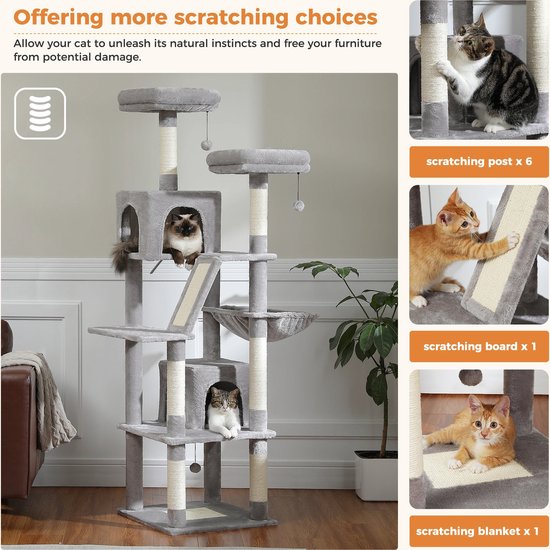 Whoopr® XXL Cat TowerCat - Kattenboom - Kattenhuis - Krabpaal - Hoge Kattentoren met Meerdere Niveaus - Pluche Kattenflat met Krabpalen, Krabplanken, Zitstokken en Grotten - 65x82x180 cm - Donkergrijs