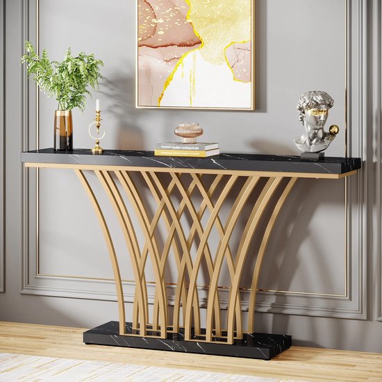 Eleganza Maison® Grid Console Table - Moderne Gouden Consoletafel - Haltafel - Wandtafel met Rastervormig Metalen Onderstel - Ideaal voor Ingang, Gang en Entree - Zwart - Goud - Marmer - 150 x 80 x 30 cm (B x H x D)