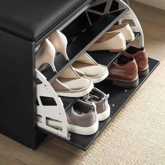 Schoenenbank met zitkussen - Schoenenrek Schoenenkast met Zitvlak, Zitbank - Schoenenopbergsysteem - Schoenenopbergrek- zwart - 60 x 30 x 47 cm