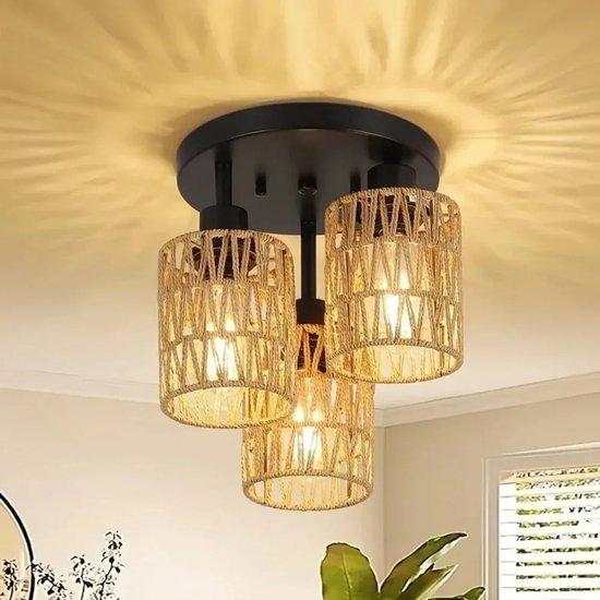 3-Lichts Rotan Plafondlamp – Handgeweven Rieten Lampenkap – Moderne Stijl – Boho - E27 Fitting – Lamp Voor Eetkamer, Keuken, Woonkamer & Slaapkamer – 3-Delige Hanglamp