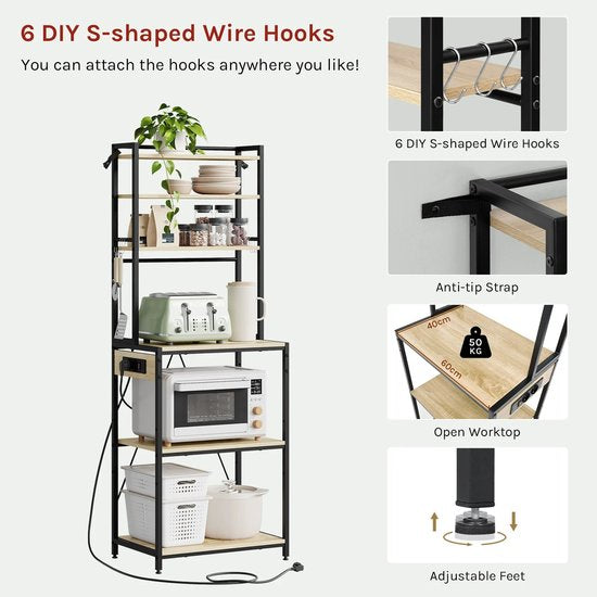 Keukenrek met Stopcontact – Stellingkast - Bakkerskast – 6 Lagen Staand Rek - Opbergrek Keuken – Hout & Metaal – 60x40x167 cm - Bruin