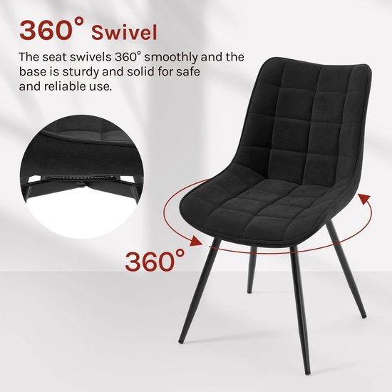 4-delige Set Draaibare Eetkamerstoelen – Fluwelen Gestoffeerde Stoelen – Zachte & Ergonomische Keukenstoelen – 360° Draaibaar – Voor Eetkamer, Woonkamer & Restaurant - Velvet - Zwart
