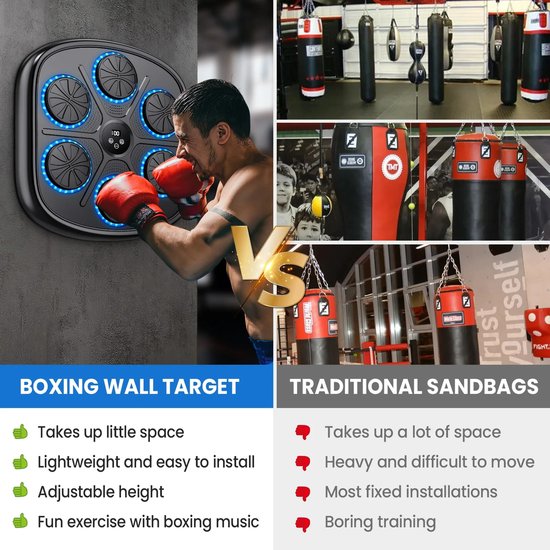 Smart Boxing machine - Boksmachine met Bluetooth & RGB-verlichting – Muurmontage Boks Trainer met Muziekfunctie – Inclusief Handschoenen voor Volwassenen & Kinderen – Boxmachine Voor Thuis - 8 x 42 x 45 cm