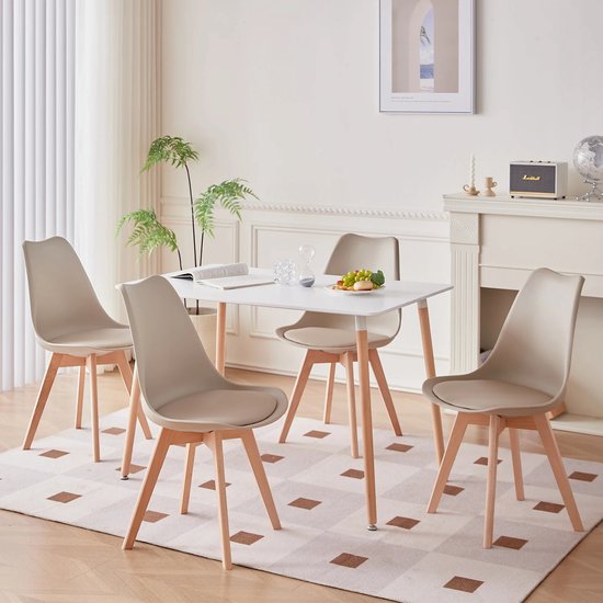 Set van 6 Eetkamerstoelen – Gestoffeerde Stoelen met Beukenhouten Poten – Stijlvolle Bureaustoelen voor Eetkamer, Slaapkamer, Balkon of Restaurant - Khaki