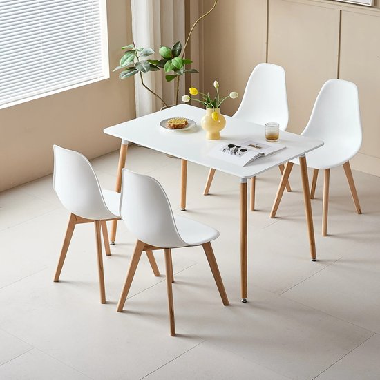 Rechthoekige Eettafelset – Inclusief 4 Eetkamerstoelen – Scandinavische Stijl – Houten Poten – Tafel en Stoelen Voor Woonkamer, Eetkamer & Keuken – Wit