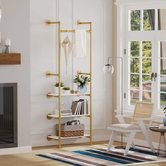 Industriële Pijp Kledingrek met Houten Legplanken – Rek - Vintage Wandrek met Pijpleiding - Gouden Afwerking - 178 cm Hoog