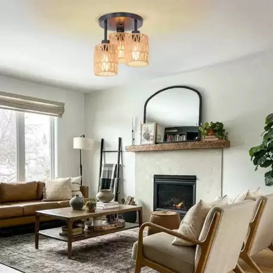 3-Lichts Rotan Plafondlamp – Handgeweven Rieten Lampenkap – Moderne Stijl – Boho - E27 Fitting – Lamp Voor Eetkamer, Keuken, Woonkamer & Slaapkamer – 3-Delige Hanglamp