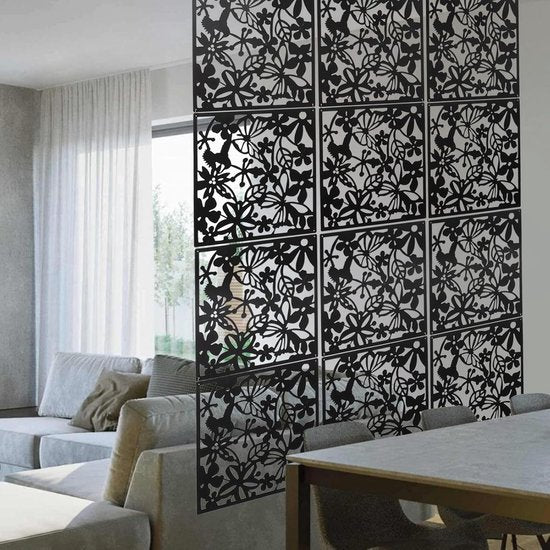24-delig Kamerscherm - Bloemen Patroon - Scheidingswand - Ruimteverdeler - Wandpanelen - Decoratie - Room Divider Screen - Woonkamer - Stevig & Flexibel - Duurzaam Kunststof - 24 stuks - Makkelijk Te Monteren - 40x40 cm per paneel - Dikte: 0.1 cm