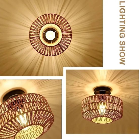 Rotan Kroonluchter Plafondlamp - Handgeweven Bamboe Armatuur - Lamp voor Hal, Slaapkamer, Keuken, Entree en Woonkamer - Stijlvolle Plafonniere - 30 x 22.1 cm (BxH)