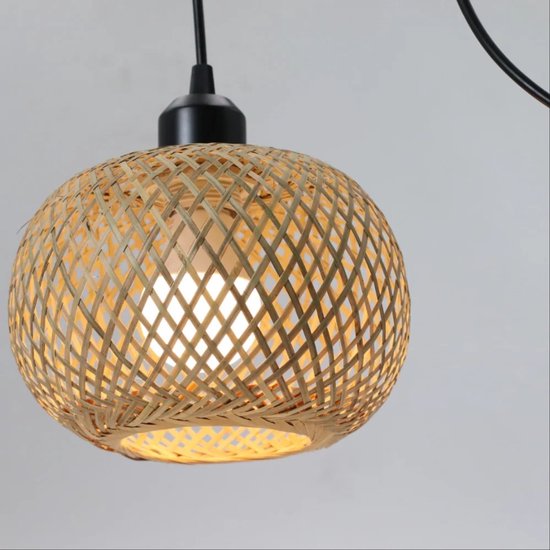 Bamboe Plafondlamp - Rotan Kroonluchter - Handgemaakte Hanglamp - Lamp E27 Fitting - Boho & Oosters Design - Voor Woonkamer, Café & Restaurant - 20 cm - Set van 3 Lampen