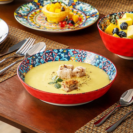 24-Delige Boheemse Stijl Keramische Serviesset - Serviesset 6 persoons - Hoogwaardig Steengoed Servies met Dinerborden, Dessertborden, Soepkommen en Ontbijt/Pasta Schalen