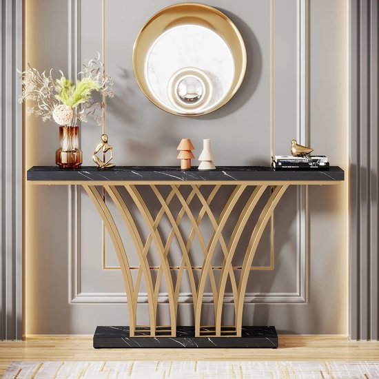Eleganza Maison® Grid Console Table - Moderne Gouden Consoletafel - Haltafel - Wandtafel met Rastervormig Metalen Onderstel - Ideaal voor Ingang, Gang en Entree - Zwart - Goud - Marmer - 150 x 80 x 30 cm (B x H x D)