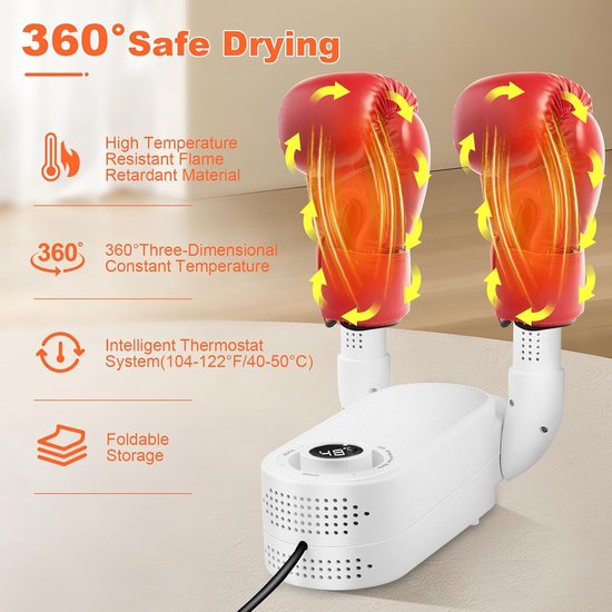 Schoenverfrisser - Bokshandschoen & Schoenendroger - Geurvreter voor schoenen - Elektrische Droger met Smart Timer - Opvouwbaar Design - Schoendroger - Sneldrogend & Geurverwijderend - EU Stekker 1m - 28 x 8 cm (LxB)