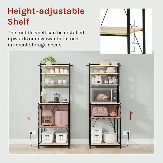 Keukenrek met Stopcontact – Stellingkast - Bakkerskast – 6 Lagen Staand Rek - Opbergrek Keuken – Hout & Metaal – 60x40x167 cm - Bruin