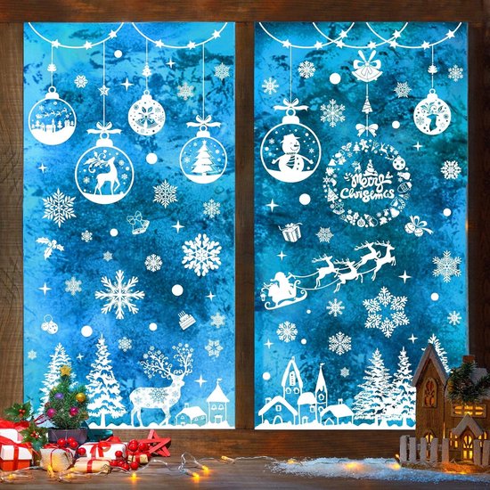 Kerst Raamstickers – 163 Stuks Zelfklevende Sneeuwvlokken – Witte Kerstdecoratie – Herbruikbare Statische Raamdecoratie – Kerstmis, Rendieren en Kerstballen Decoratie - Kerstversiering voor Ramen & Deuren