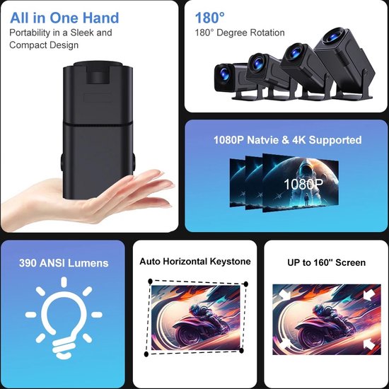 Whoopr® Mini Projector - Beamer 4K - Mini Beamer met Wifi en Bluetooth - Ultra HD - Zwart