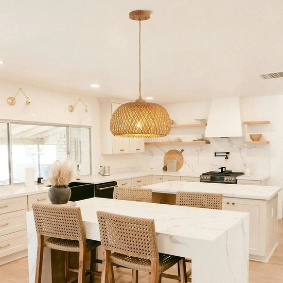 Rotan Hanglamp - 30 x 18 x 120 cm – Beige Kroonluchter – Rieten Plafondlamp – Handgeweven Boho Lamp – Voor Eetkamer, Keuken & Woonkamer