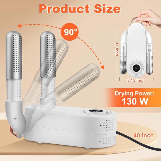 Schoenverfrisser - Bokshandschoen & Schoenendroger - Geurvreter voor schoenen - Elektrische Droger met Smart Timer - Opvouwbaar Design - Schoendroger - Sneldrogend & Geurverwijderend - EU Stekker 1m - 28 x 8 cm (LxB)