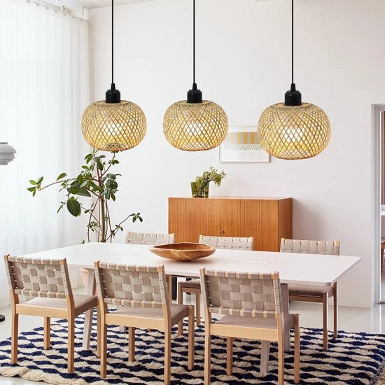Bamboe Plafondlamp - Rotan Kroonluchter - Handgemaakte Hanglamp - Lamp E27 Fitting - Boho & Oosters Design - Voor Woonkamer, Café & Restaurant - 20 cm - Set van 3 Lampen